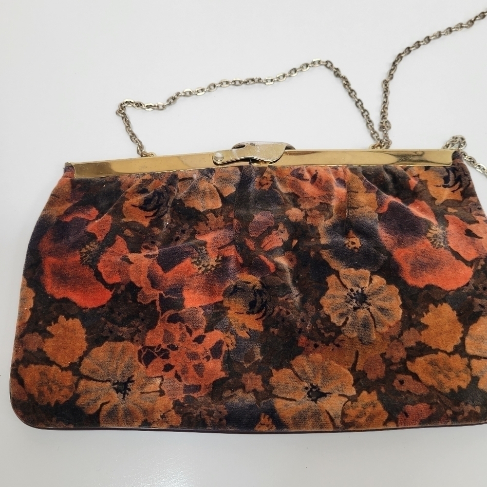 VTG Floral Fabric Unique Opening Bag Clutch Brown Orange Black Flora Gold Strap - Picture 6 of 17